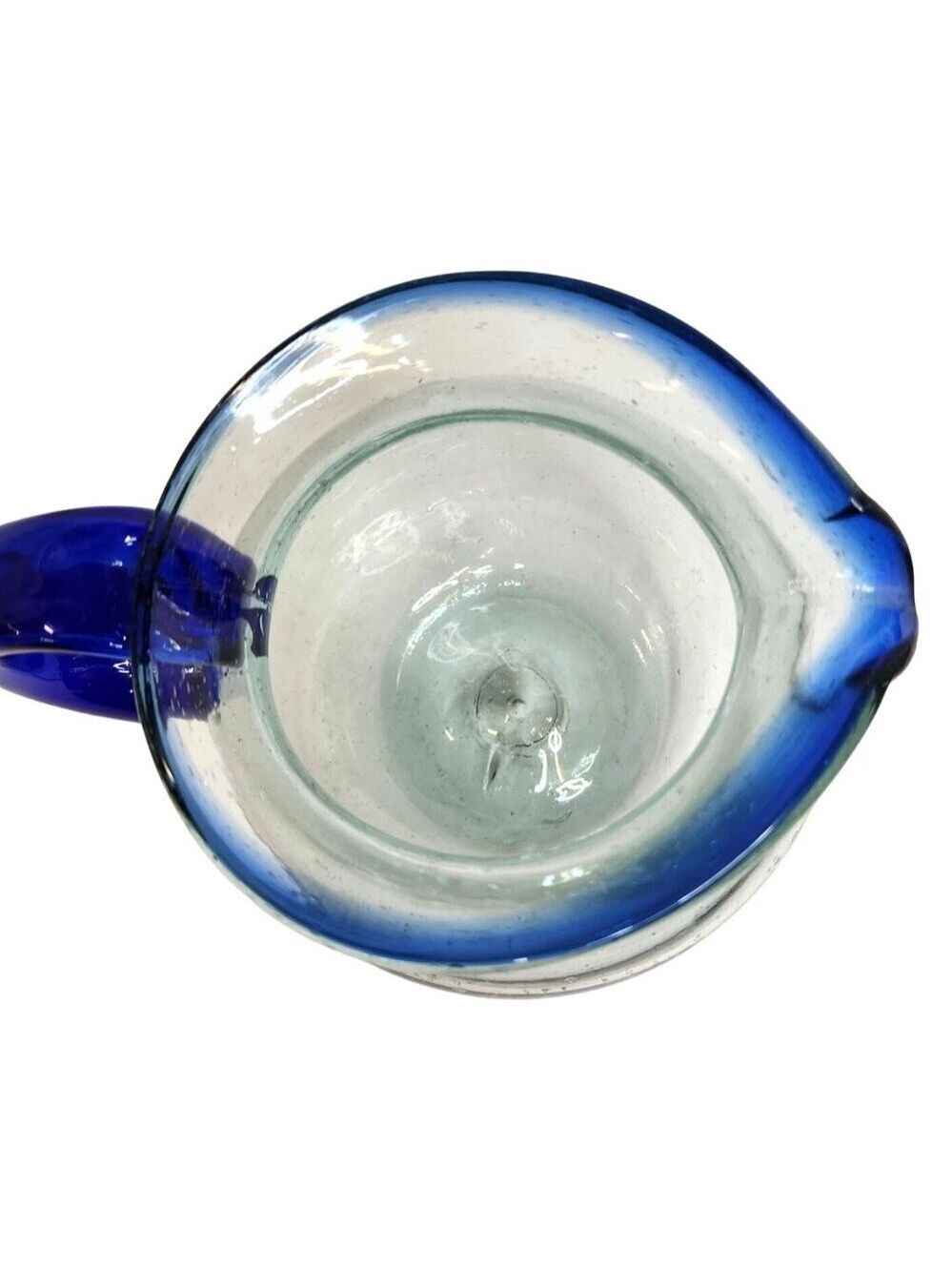 Artisan Handblown Glass Pitcher with Cobalt Blue Handle and Rim - Picture 3 of 10